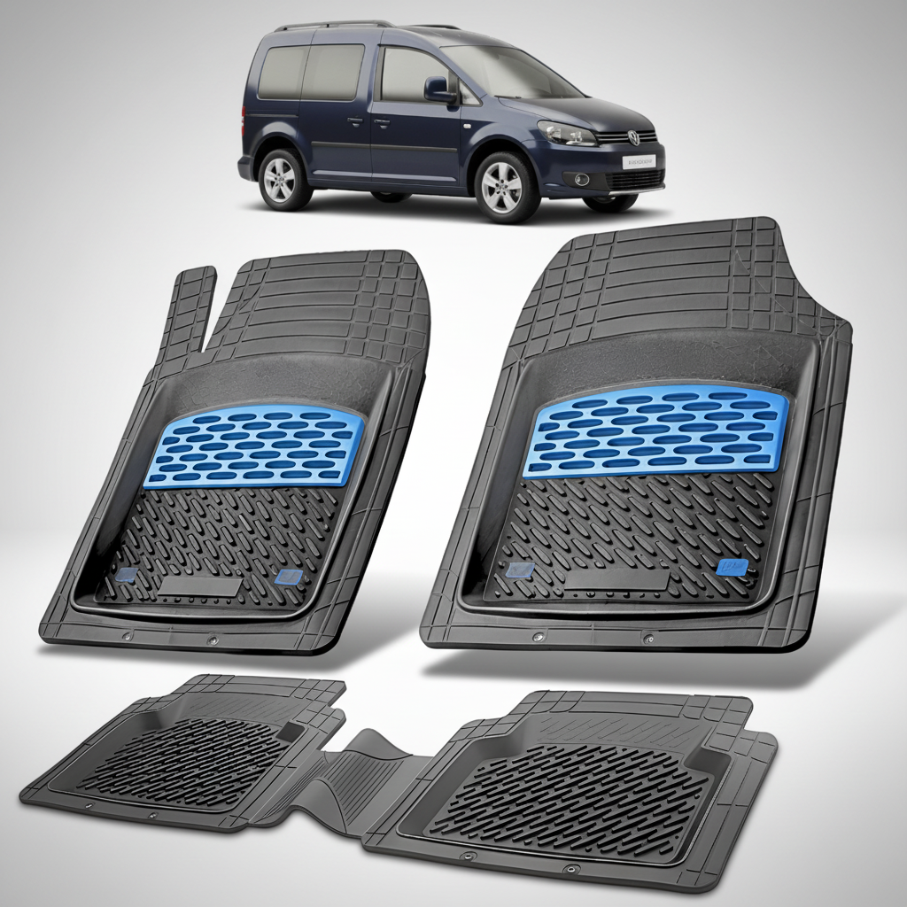 Set of black car floor mats with blue accents on a white background, with a small image of a blue car at the top.