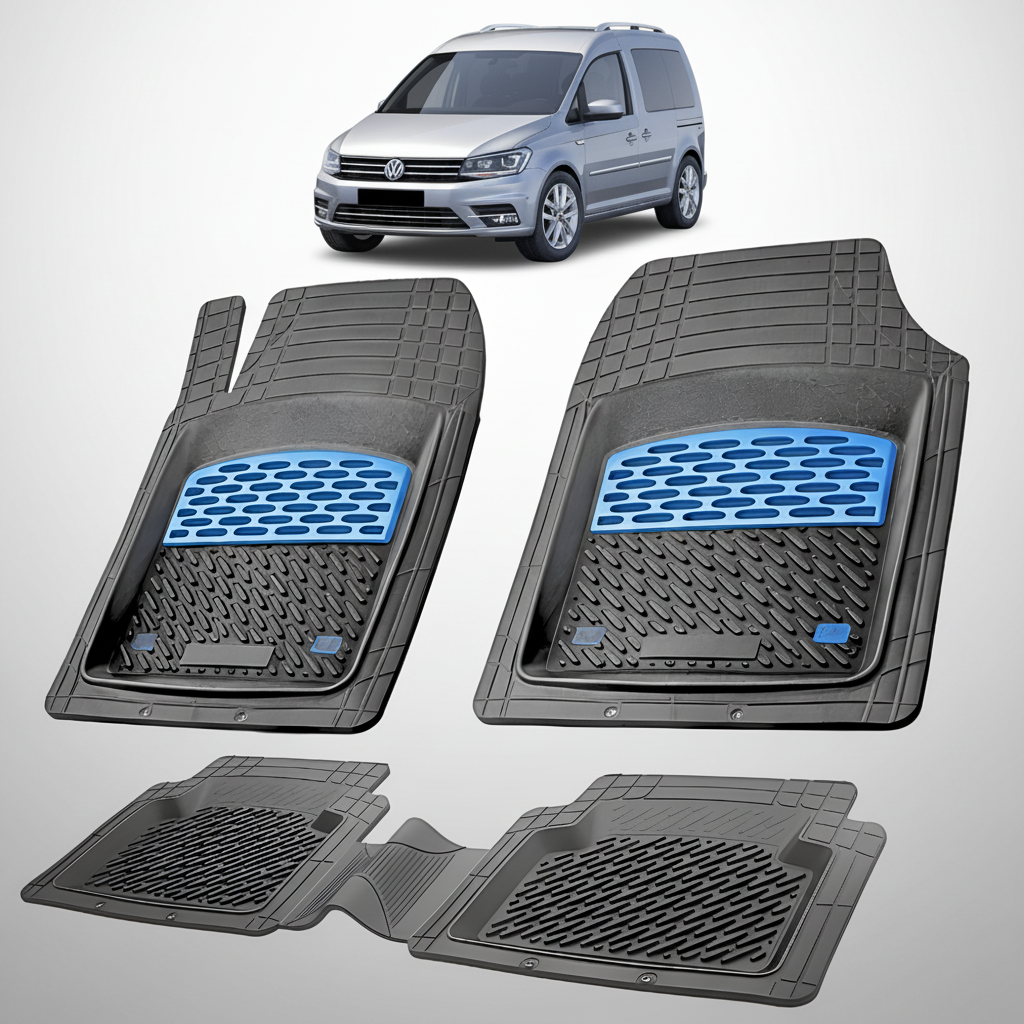 Set of four car floor mats with a blue logo on a white background, with a Volkswagen van in the top corner.