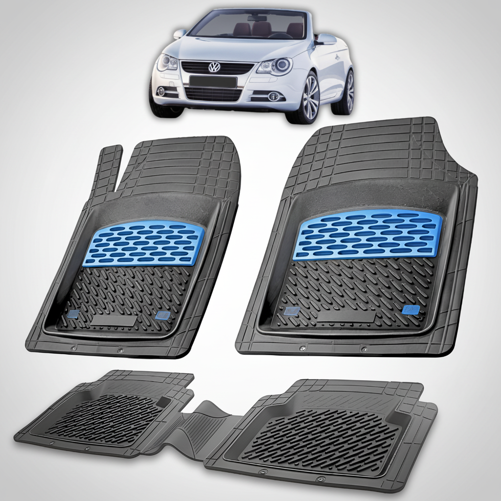 Set of black car floor mats with blue accents on a white background, featuring a Volkswagen car.