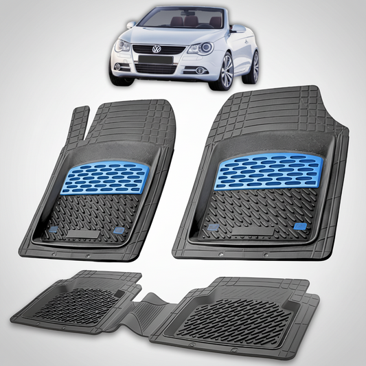 Set of black car floor mats with blue accents on a white background, featuring a Volkswagen car.