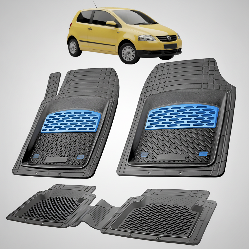 Set of car floor mats with a yellow car in the background