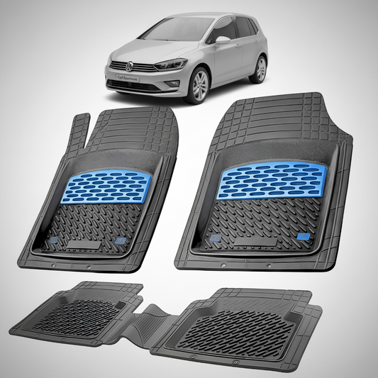 Set of car floor mats with a blue logo on a white background, featuring a Volkswagen car.