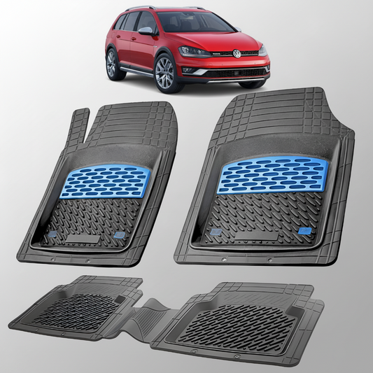 Set of black car floor mats with blue accents on a white background, featuring a red Volkswagen car.