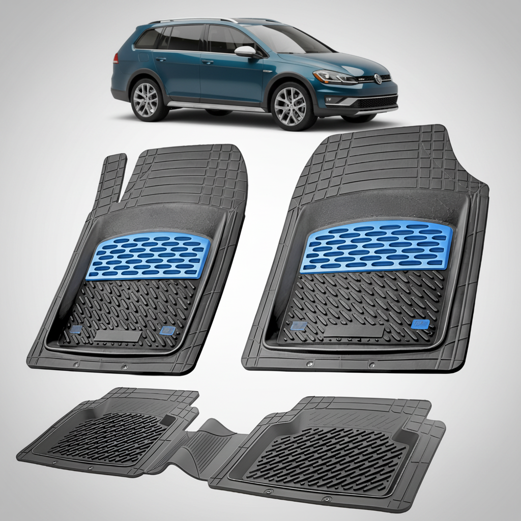 Set of car floor mats with a blue logo on a white background, with a car in the top corner.