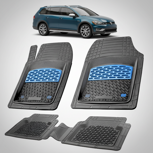 Set of car floor mats with a blue logo on a white background, with a car in the top corner.