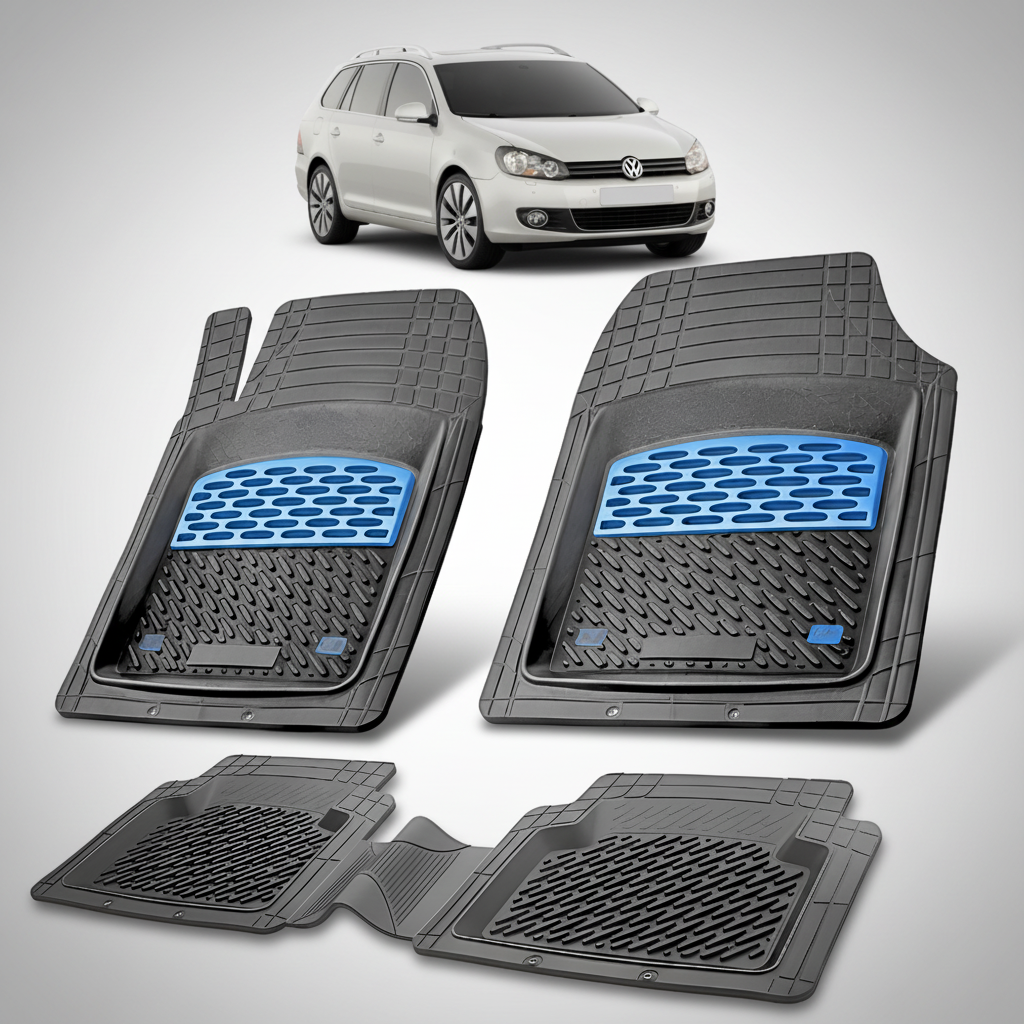 Set of car floor mats with a Volkswagen car in the background