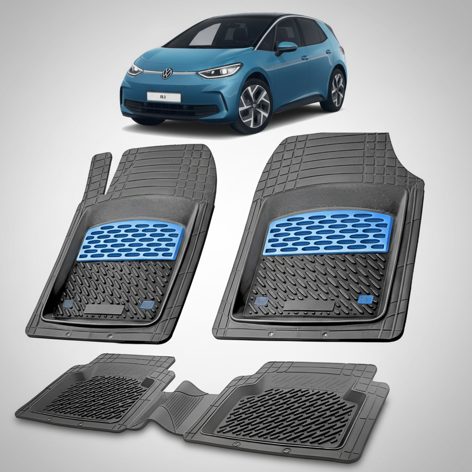 Set of car floor mats with a blue Volkswagen car in the background