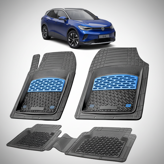 Set of car floor mats with a blue logo on a white background, featuring a Volkswagen car.