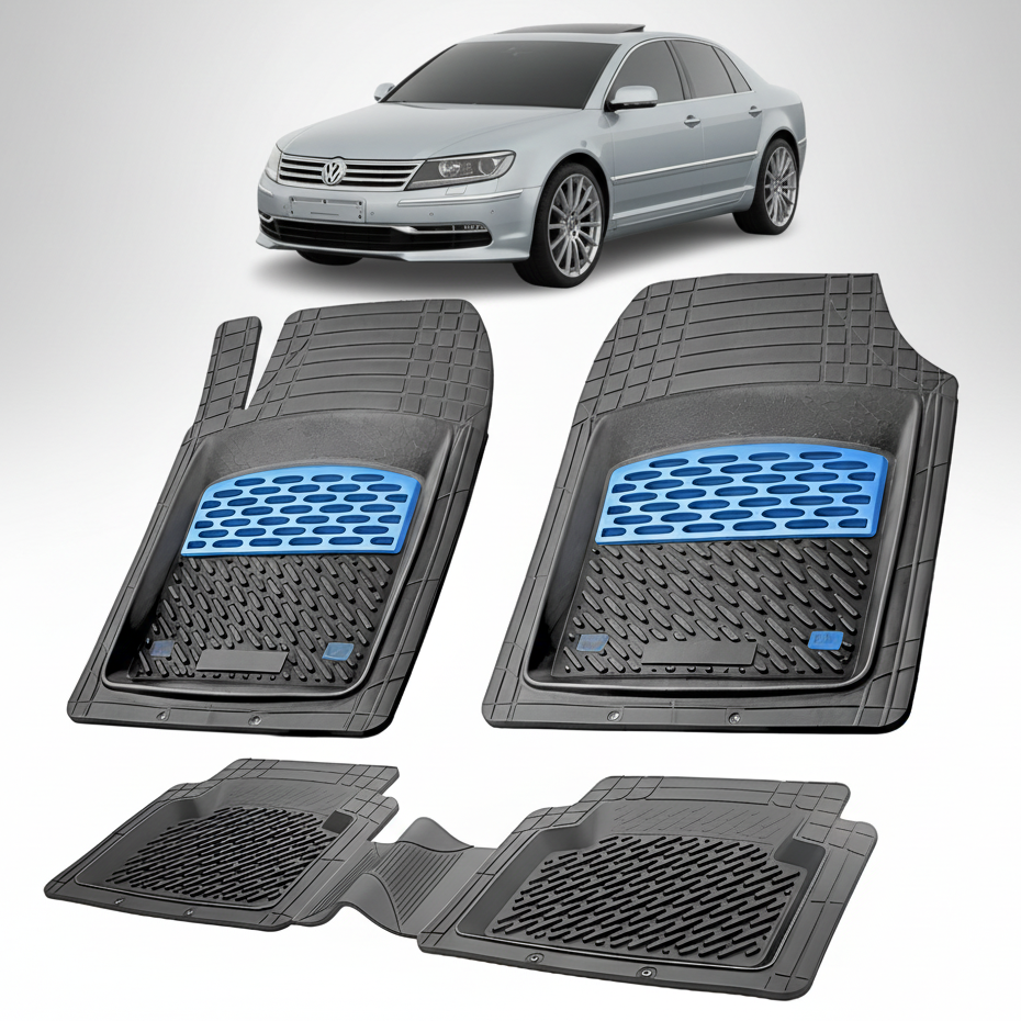 Set of car floor mats with blue accents on a white background, featuring a Volkswagen car.