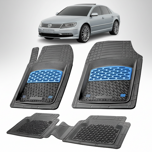 Set of car floor mats with blue accents on a white background, featuring a Volkswagen car.