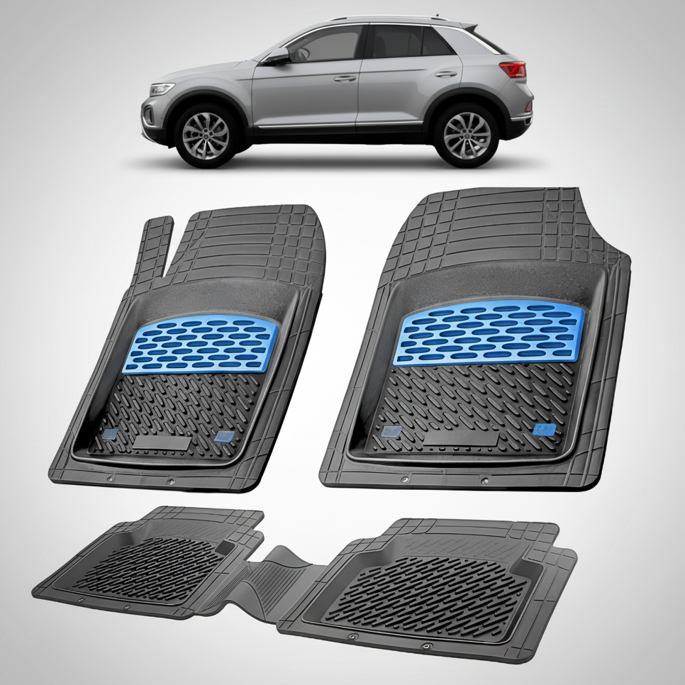 Set of car floor mats with a car in the background