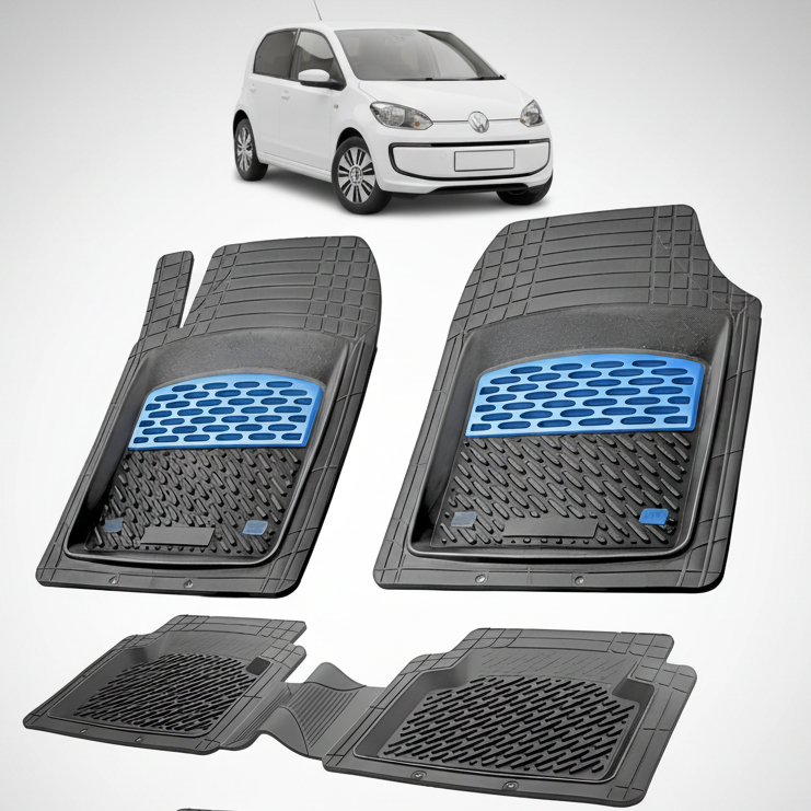 Set of car floor mats with blue accents on a white background, featuring a small car model.