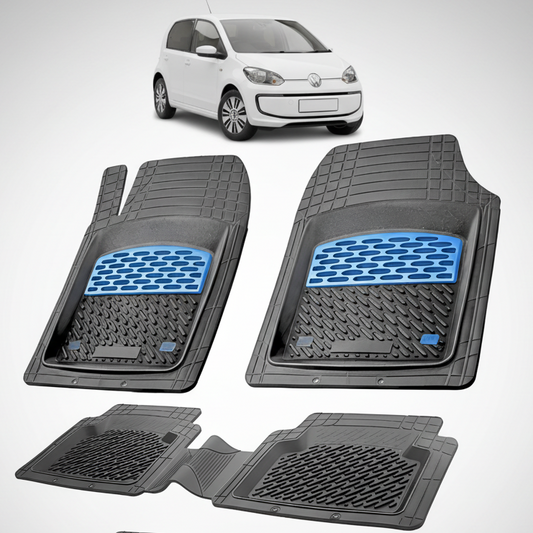 Set of car floor mats with blue accents on a white background, featuring a small car model.