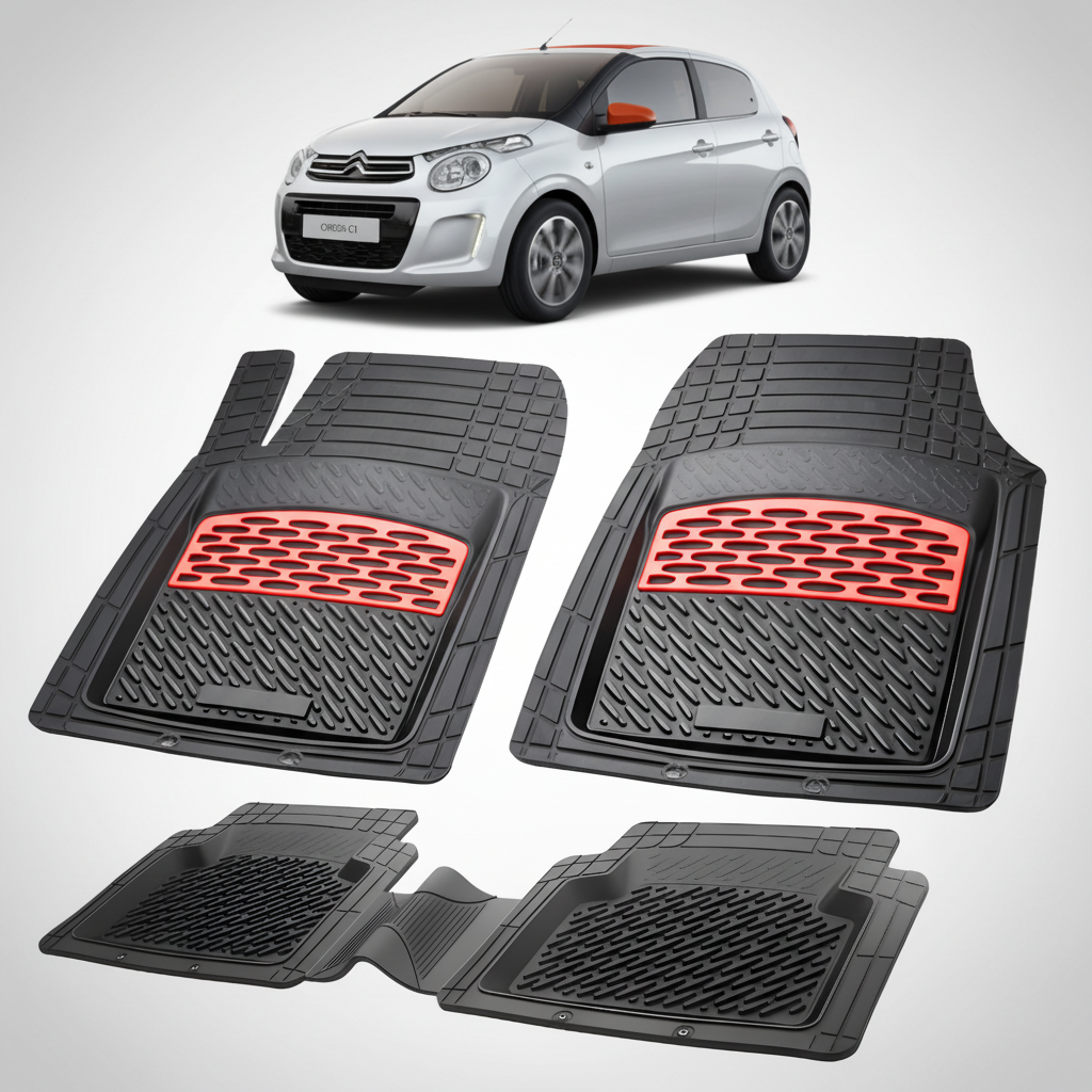Set of car floor mats with red accents on a white background, featuring a small car model.