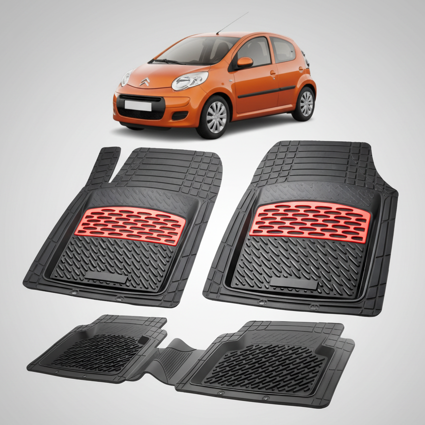 Set of black car floor mats with red accents on a white background, featuring an orange car.