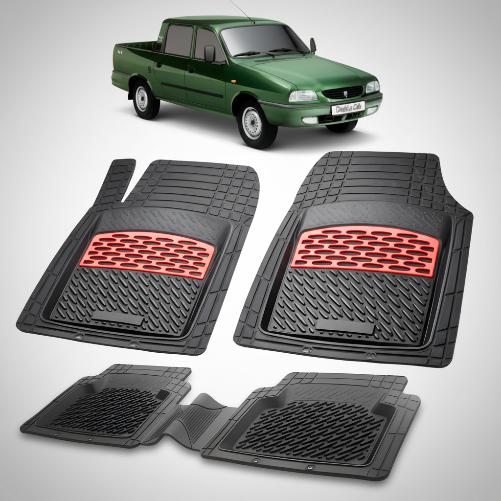 Set of black car floor mats with red accents on a white background, featuring a green car.