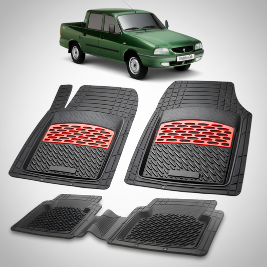Set of black car floor mats with red accents on a white background, featuring a green car.