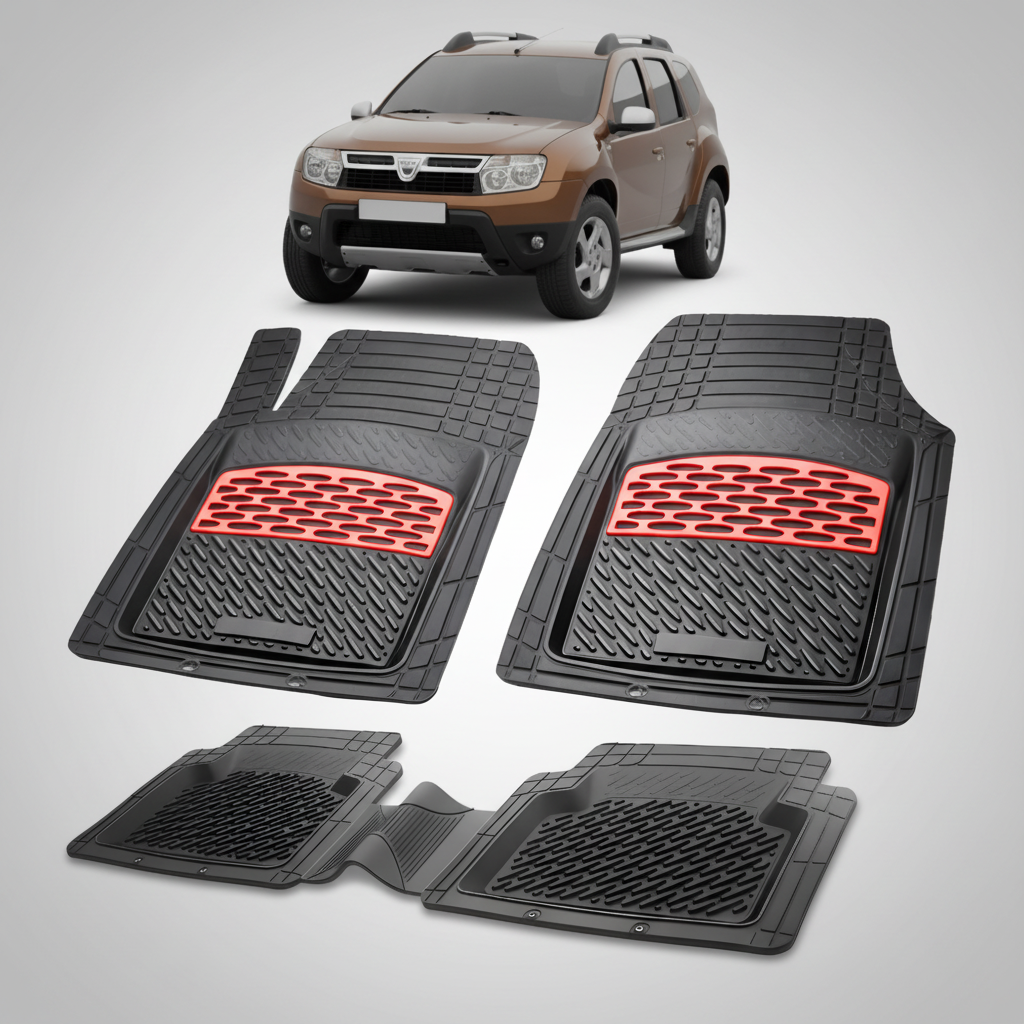 Set of black car floor mats with red accents on a white background, featuring a brown SUV.