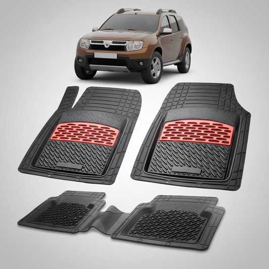 Set of black car floor mats with red accents on a white background, featuring a brown SUV.