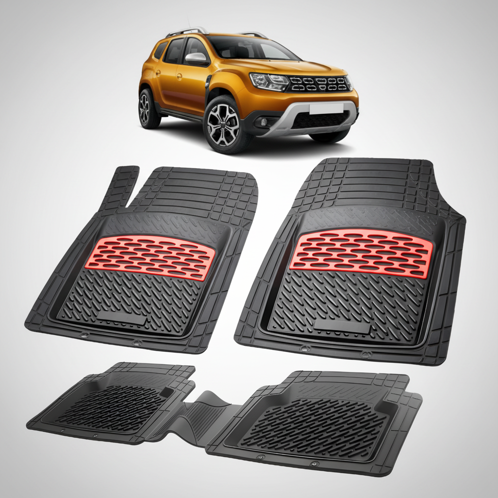Set of black car floor mats with red accents on a white background, featuring an orange SUV.