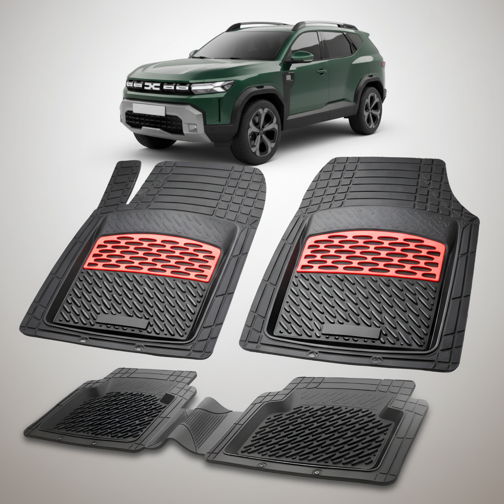 Set of black car floor mats with red accents on a white background, featuring a green SUV.