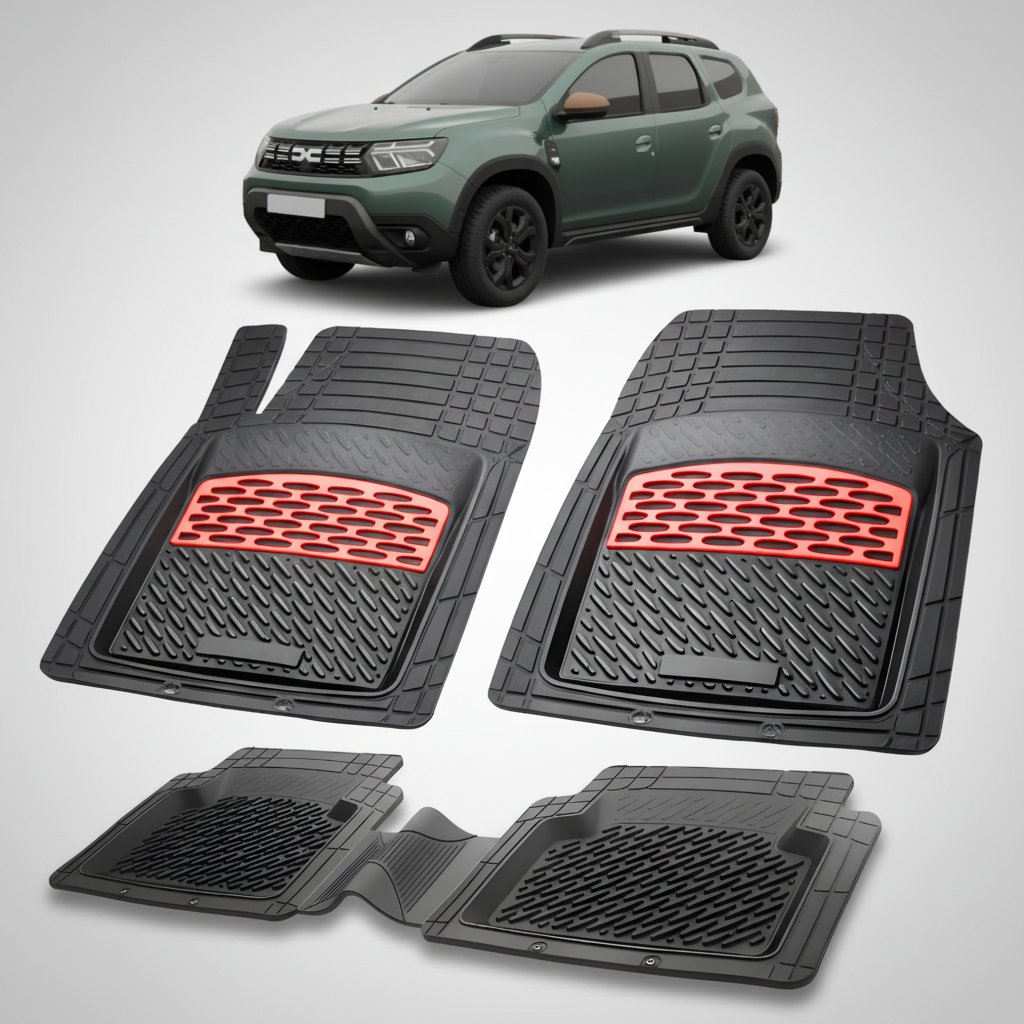 Set of black car floor mats with red accents on a white background, featuring a green SUV.
