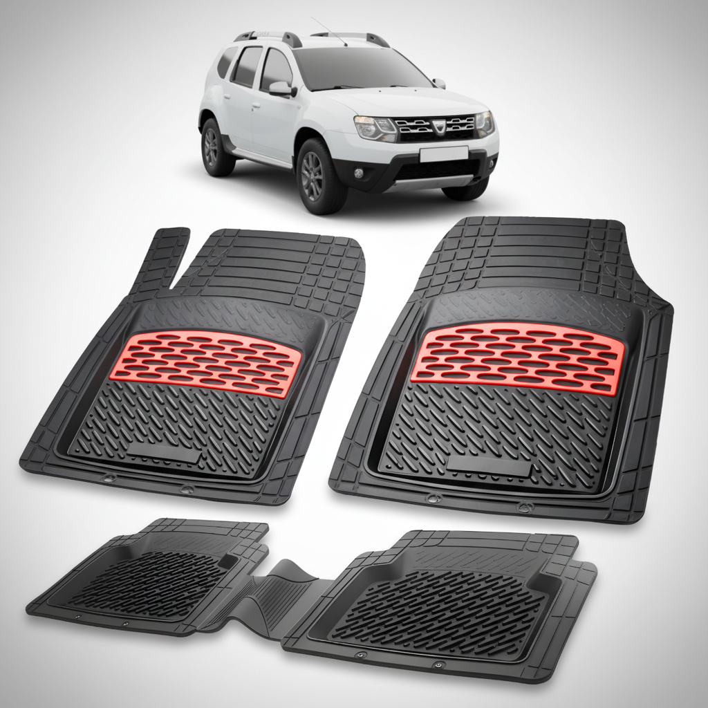 Set of black car floor mats with red accents on a white background, featuring a white SUV.