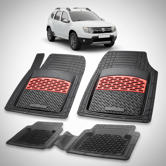 Set of black car floor mats with red accents on a white background, featuring a white SUV.