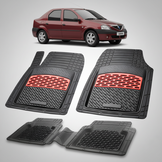 Set of car floor mats with red accents on a white background, featuring a small car model.