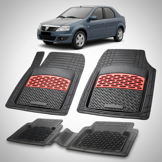 Set of black car floor mats with red accents on a white background, featuring a small car model.
