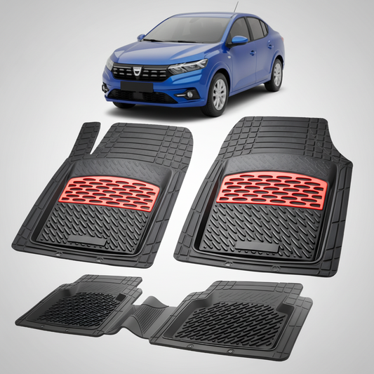 Set of black car floor mats with red accents on a white background, featuring a blue car.
