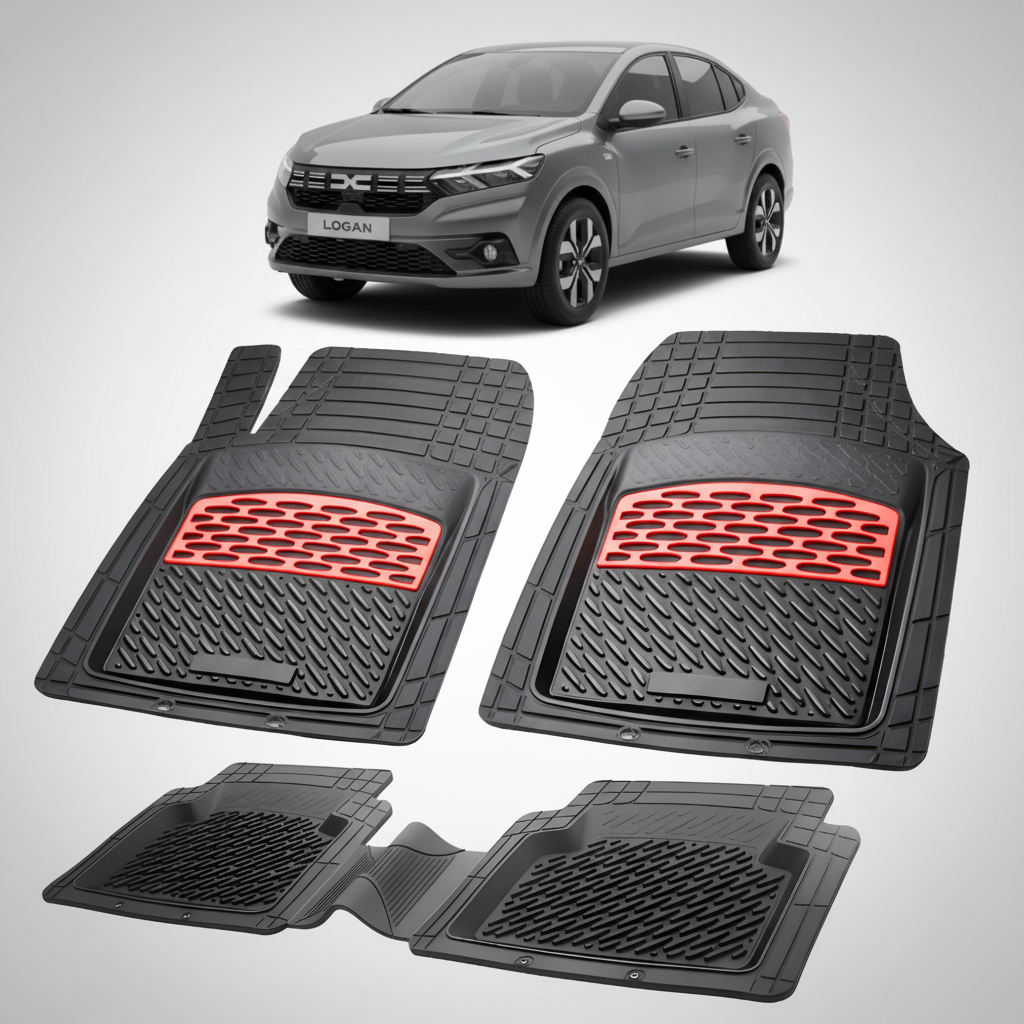 Set of car floor mats with red accents on a white background, featuring a car model above.