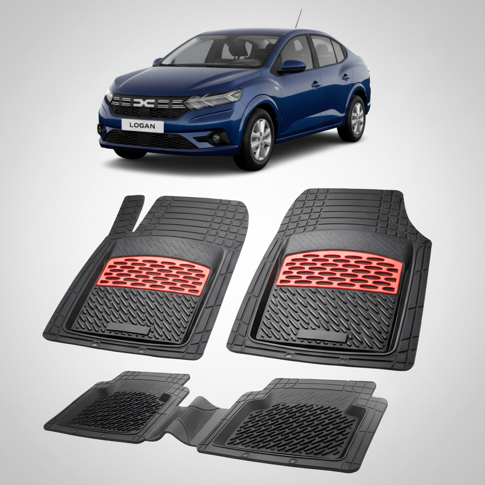 Set of car floor mats with red accents on a white background, featuring a blue car at the top.