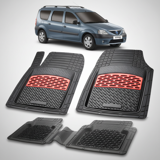 Set of car floor mats with red accents on a white background, featuring a car model.