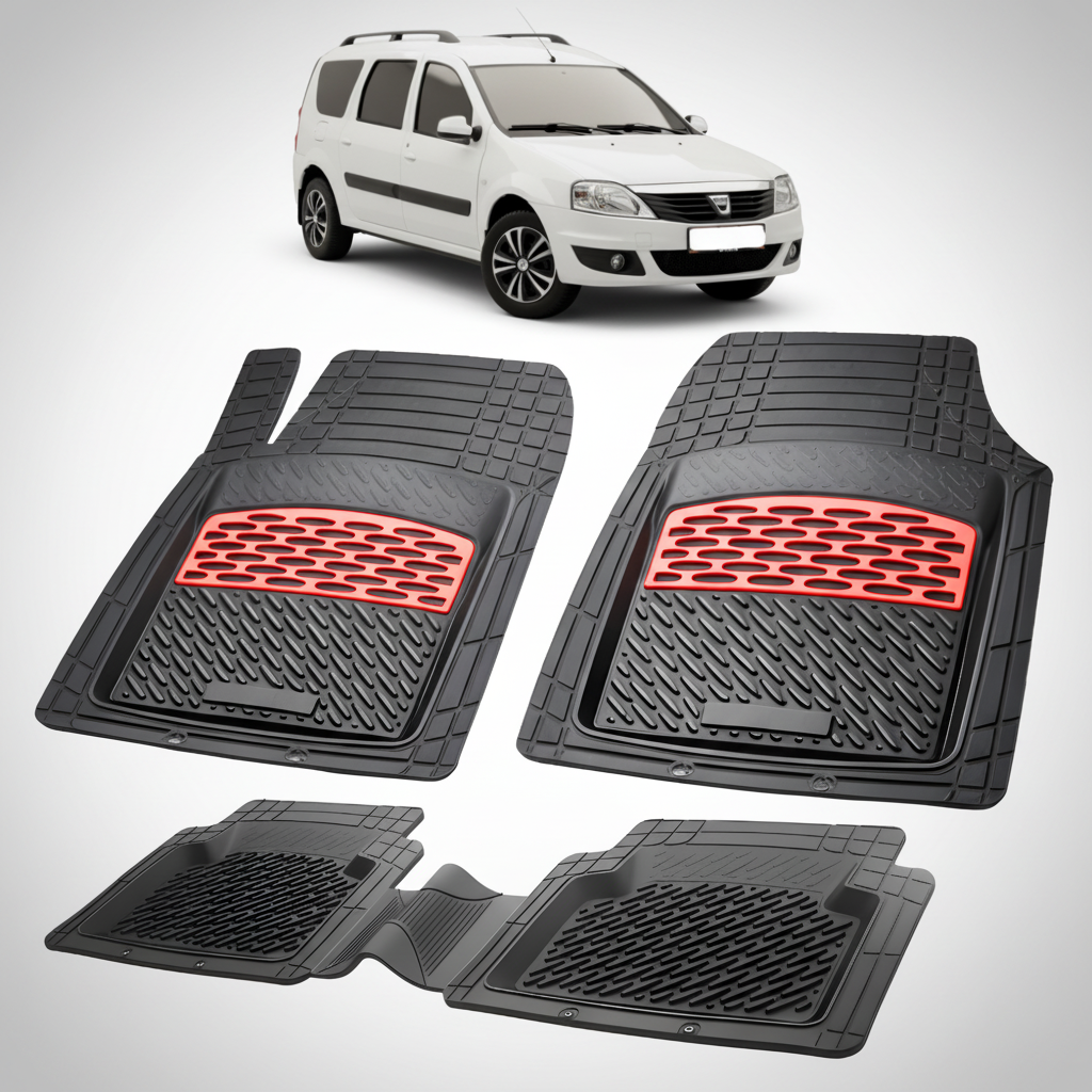 Set of black car floor mats with red accents on a white background, featuring a white car.