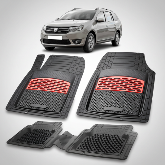 Set of black car floor mats with red accents on a white background, featuring a car.