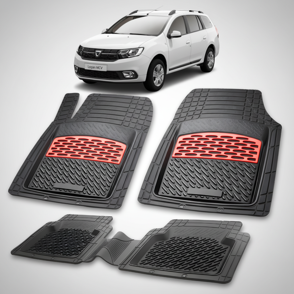 Set of black car floor mats with red accents on a white background, featuring a white car.