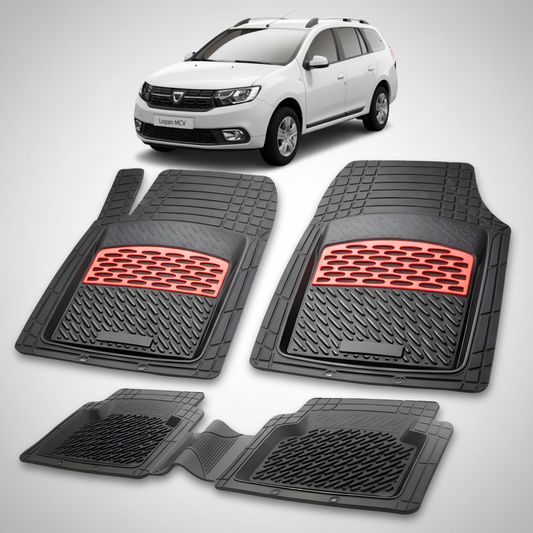 Set of black car floor mats with red accents on a white background, featuring a white car.