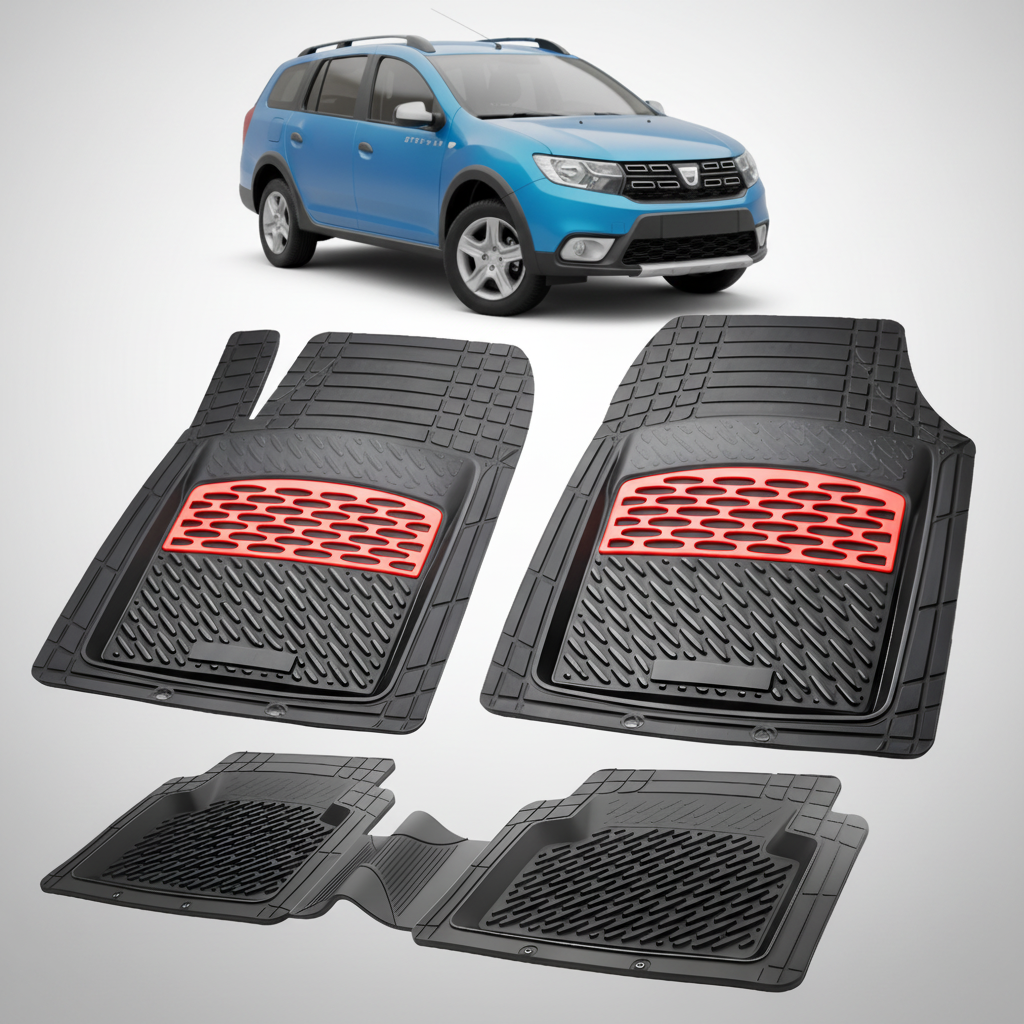 Set of black car floor mats with red accents on a white background, featuring a blue car.