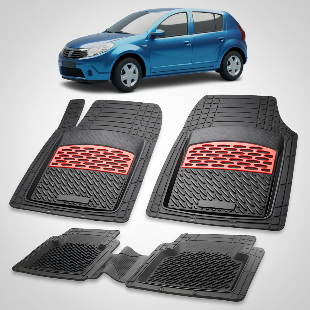 Set of black car floor mats with red accents on a white background, featuring a blue car.