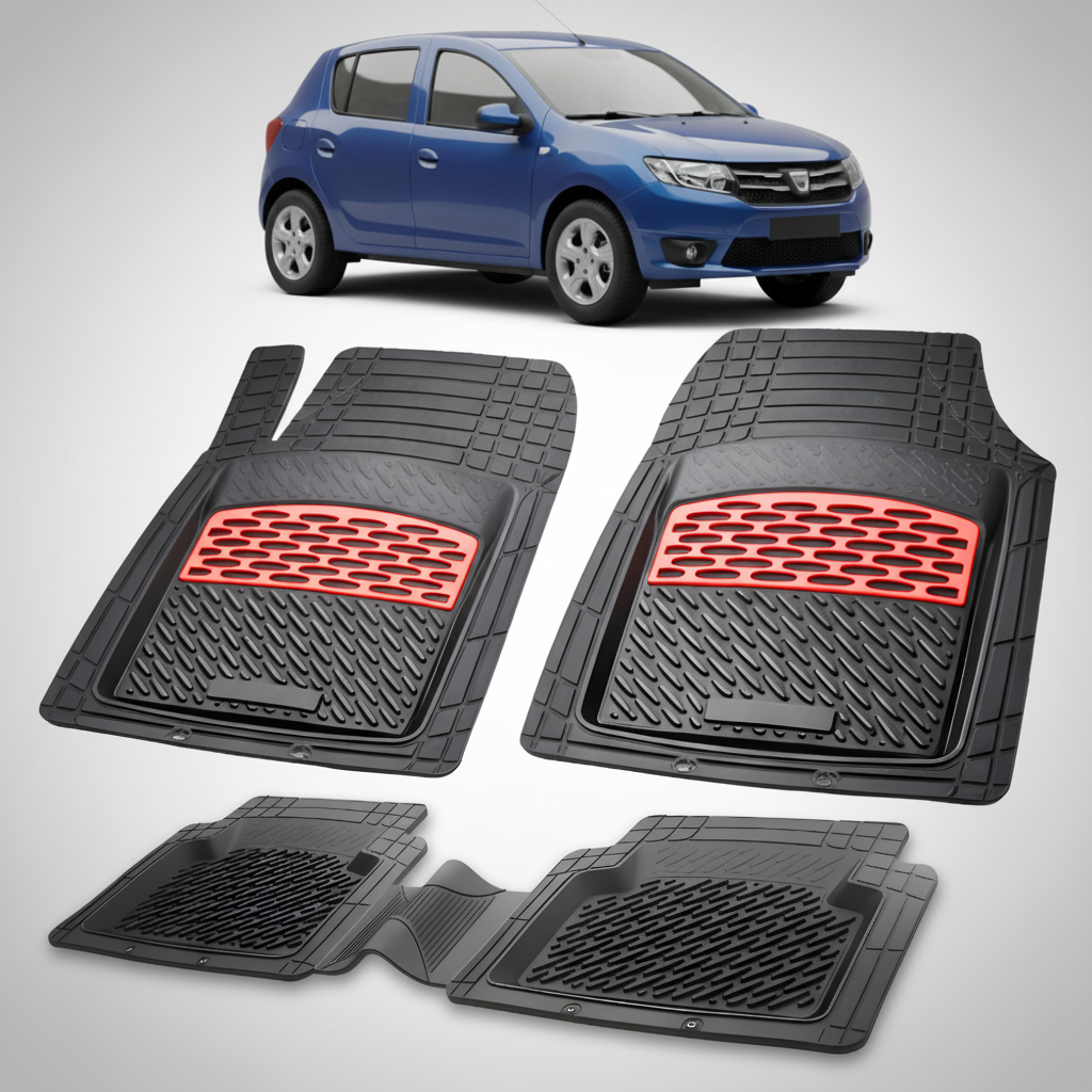 Set of black car floor mats with red accents on a white background, featuring a blue car.