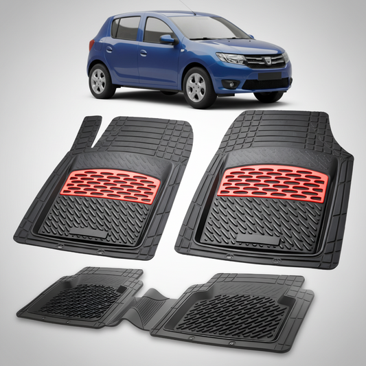 Set of black car floor mats with red accents on a white background, featuring a blue car.