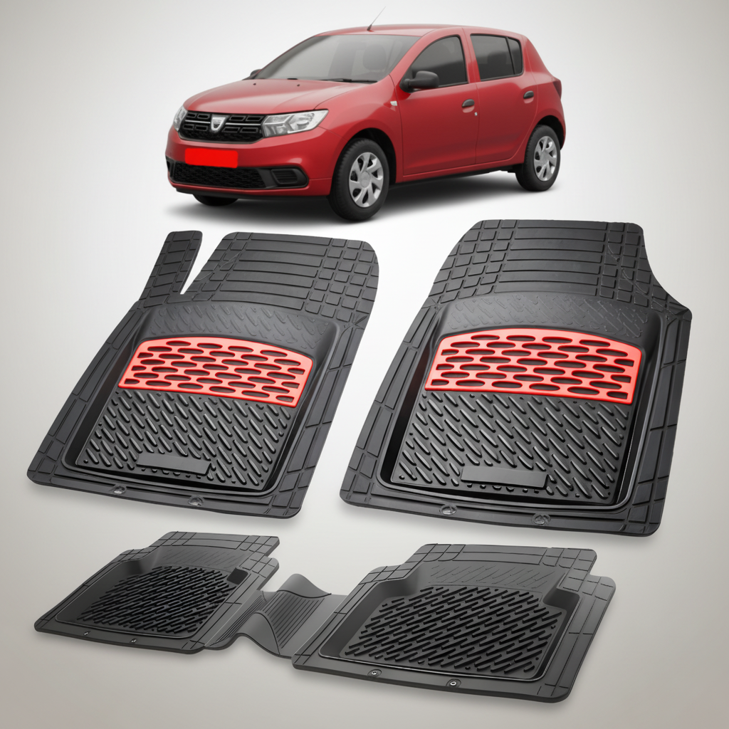 Set of black car floor mats with red accents on a white background, featuring a red car.
