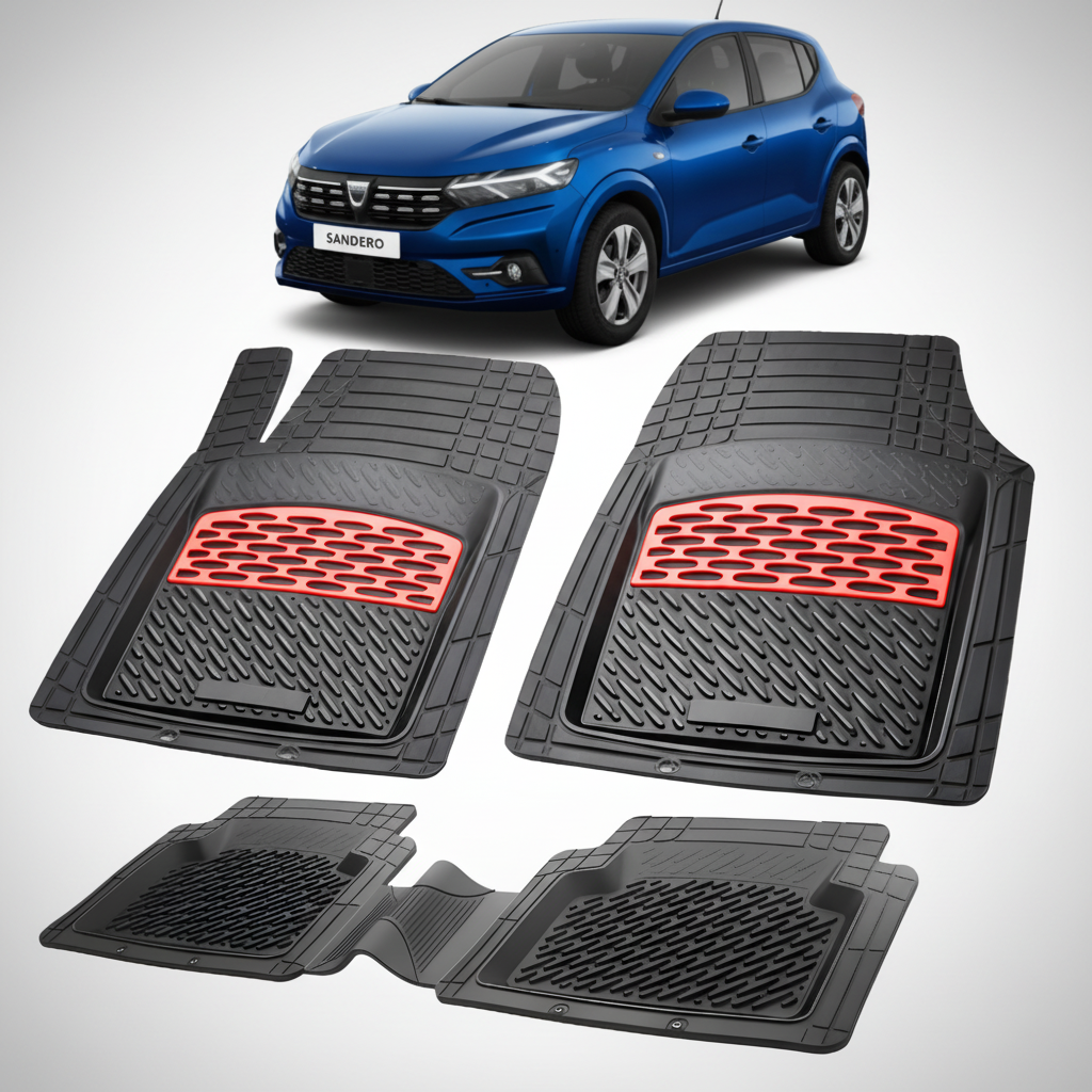 Set of car floor mats with red accents on a white background, featuring a blue car.