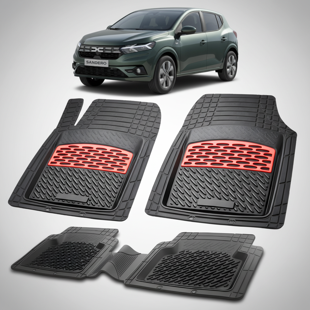 Set of car floor mats with red accents on a white background, featuring a car model above.
