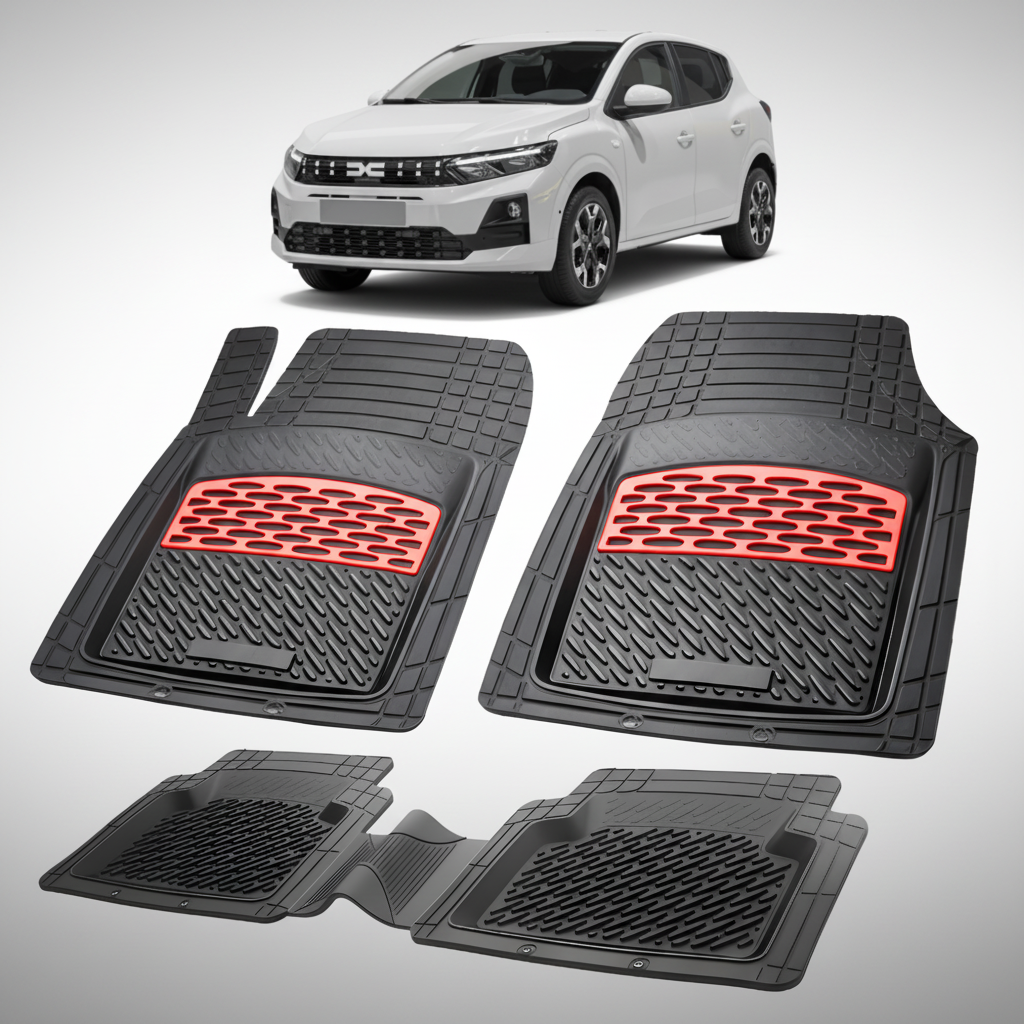 Set of black car floor mats with red accents on a white background, featuring a white car.