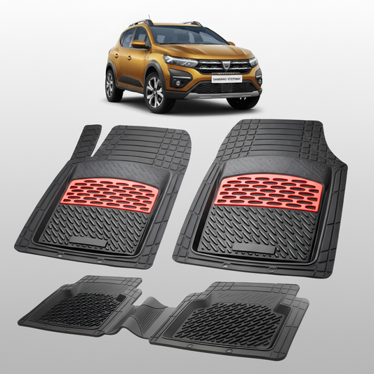 Set of black car floor mats with red accents on a white background, featuring an inset image of a gold SUV.
