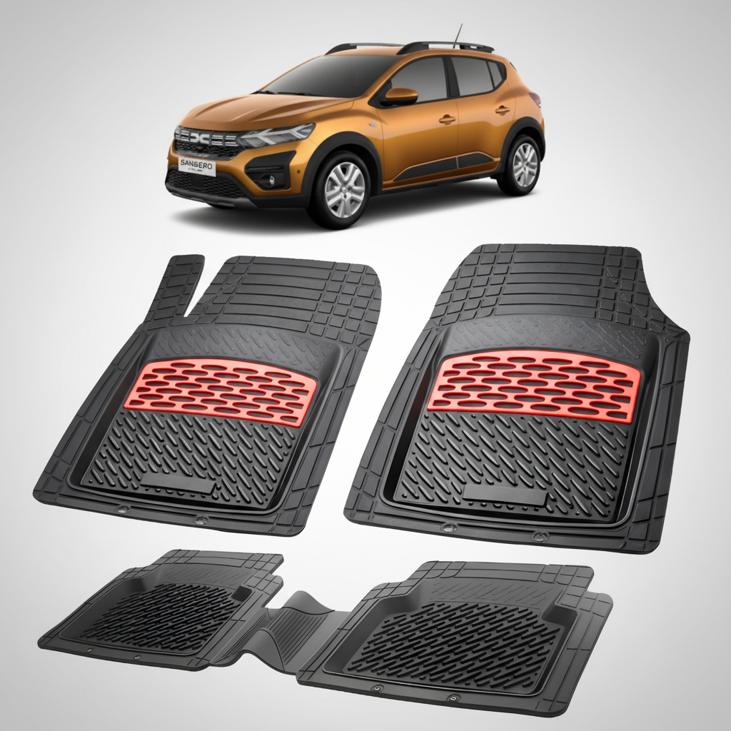 Set of black car floor mats with red accents on a white background, featuring a gold SUV.