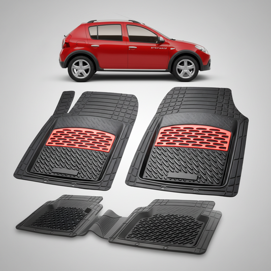 Set of black car floor mats with red accents on a white background, featuring a red car at the top.