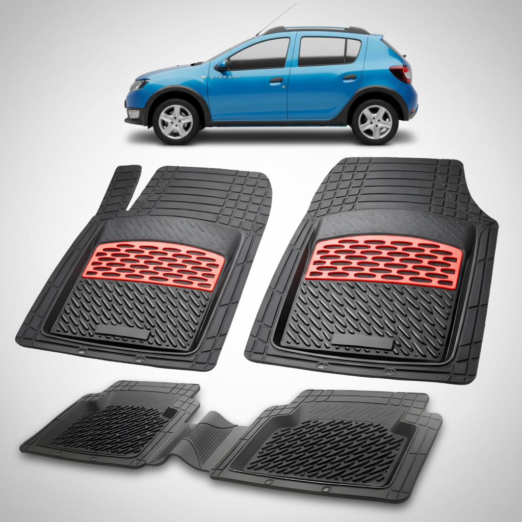 Set of black car floor mats with red accents on a white background, featuring a blue car.